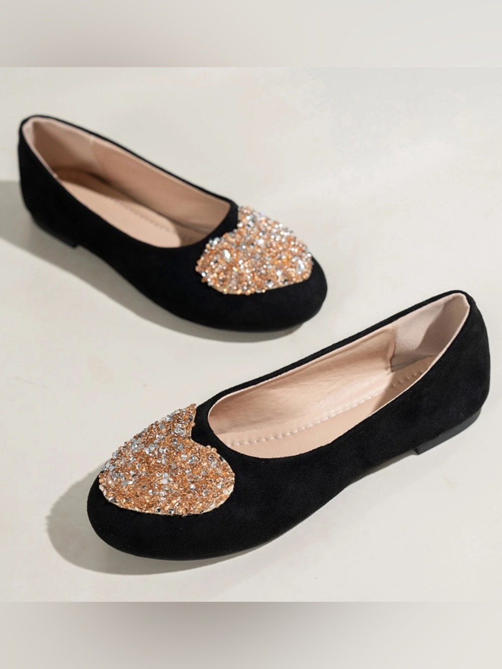 NWOT BlackFaux Suede Size 9 (42) Round Toe Flats with Heart Embellishment